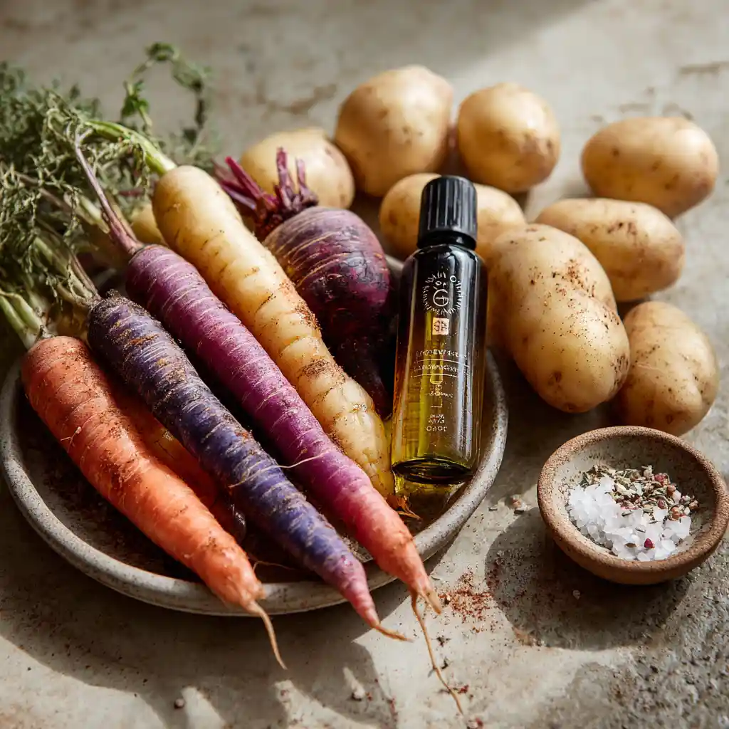 Ingrédients pour chips de légumes : carottes, betterave, panais, pommes de terre violettes