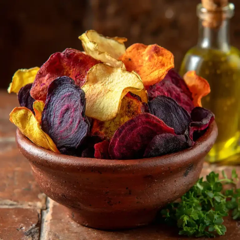Chips de légumes vegan colorées au four dans un bol rustique