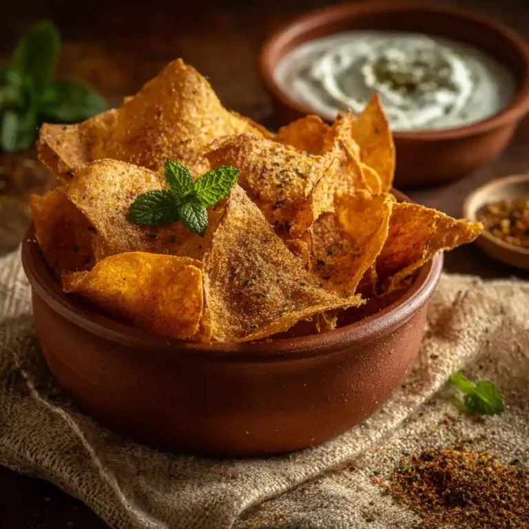 Chips de lentilles corail maison croustillantes servies avec sauce yaourt-menthe