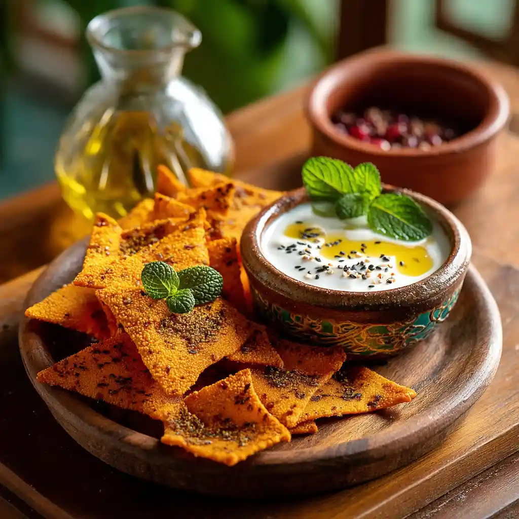 Plateau apéritif avec chips de lentilles corail, sauce yaourt et épices méditerranéennes