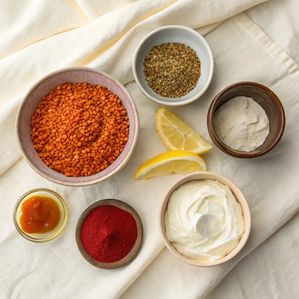 Ingrédients pour chips de lentilles corail : lentilles, sumak, cumin, paprika et huile d'olive