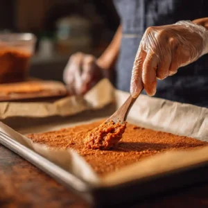 Préparation des chips de lentilles : purée de lentilles corail étalée sur papier sulfurisé