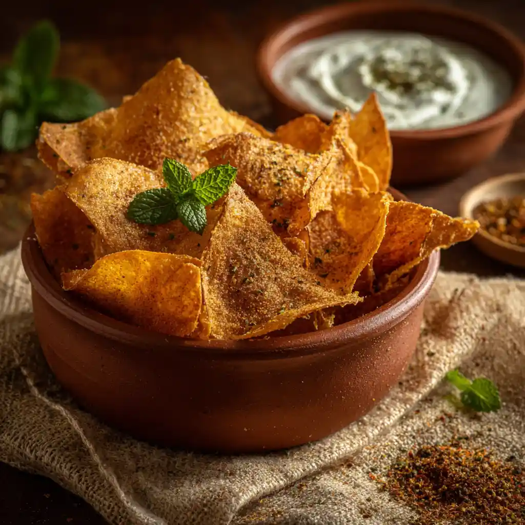 Chips de lentilles corail maison croustillantes servies avec sauce yaourt-menthe