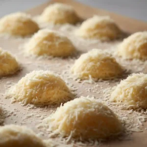 Étape de préparation des chips de parmesan : tas de fromage râpé étalés sur du papier sulfurisé avant cuisson