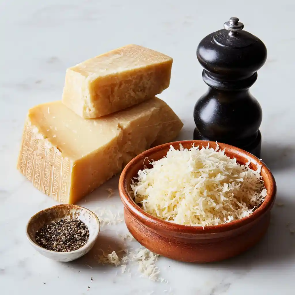Ingrédients pour préparer des chips de parmesan : bloc de Parmigiano Reggiano AOP, râpe en inox et poivre noir