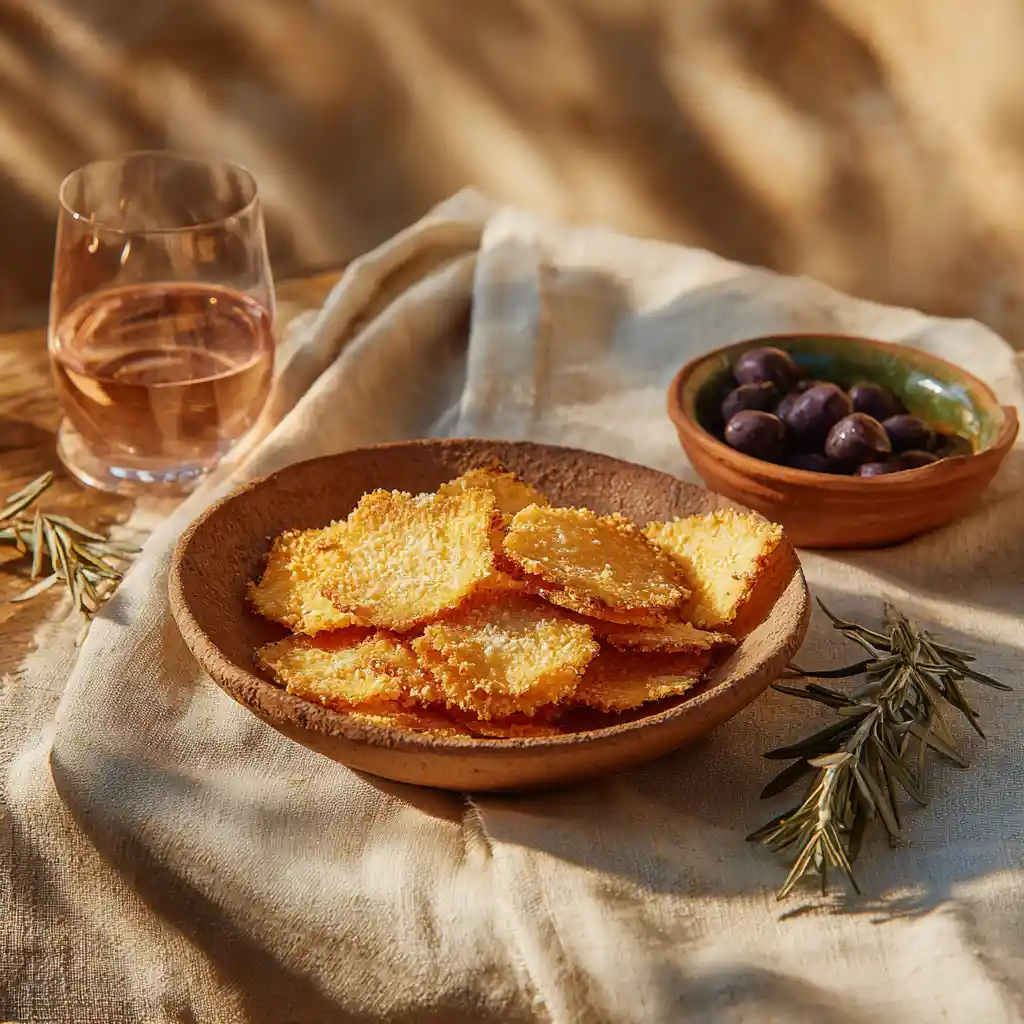 Plateau apéritif méditerranéen avec chips de parmesan, olives noires de Nice et verre de rosé de Provence