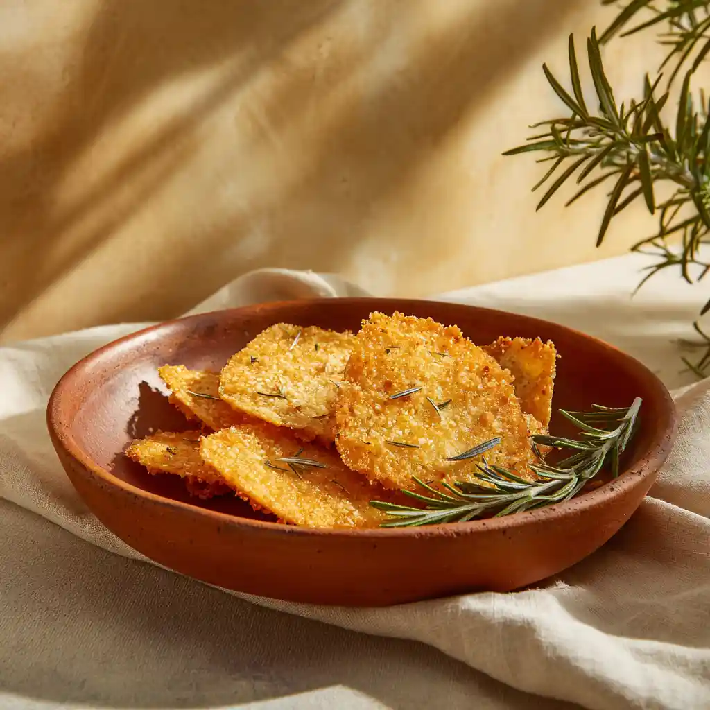 Chips de parmesan dorées et croustillantes disposées sur une assiette en céramique méditerranéenne
