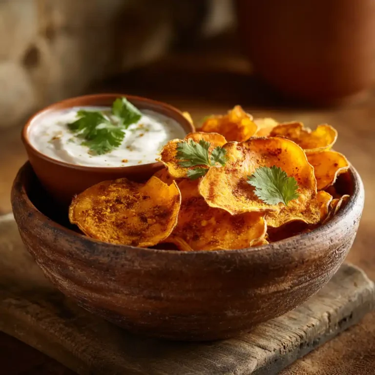 Chips de patate douce au four croustillantes dans un bol en céramique avec sauce yaourt, recette Chef Benoît Lambert