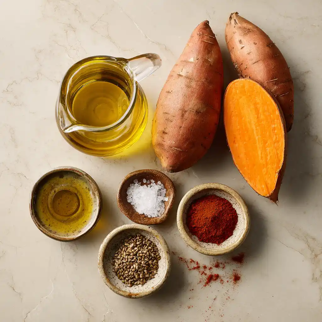 Ingrédients pour chips de patate douce au four : patates douces orangées, huile d'olive, cumin, paprika fumé et piment de Cayenne