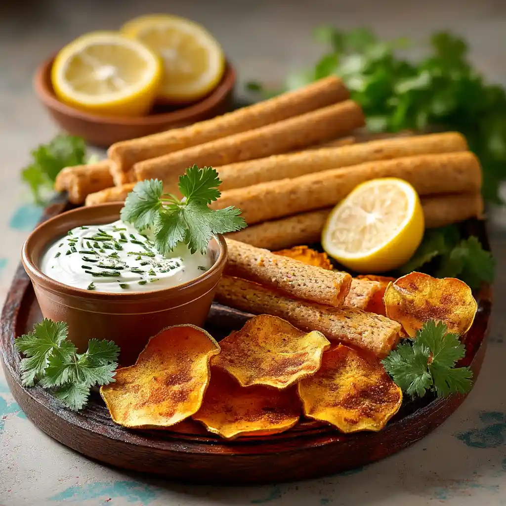 Plateau apéritif avec chips de patate douce au four, crackers et gressins sur planche en bois, style méditerranéen