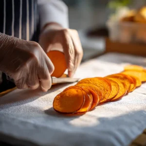 Tranchage de patate douce à la mandoline pour préparer des chips de patate douce au four, épaisseur 2-3mm