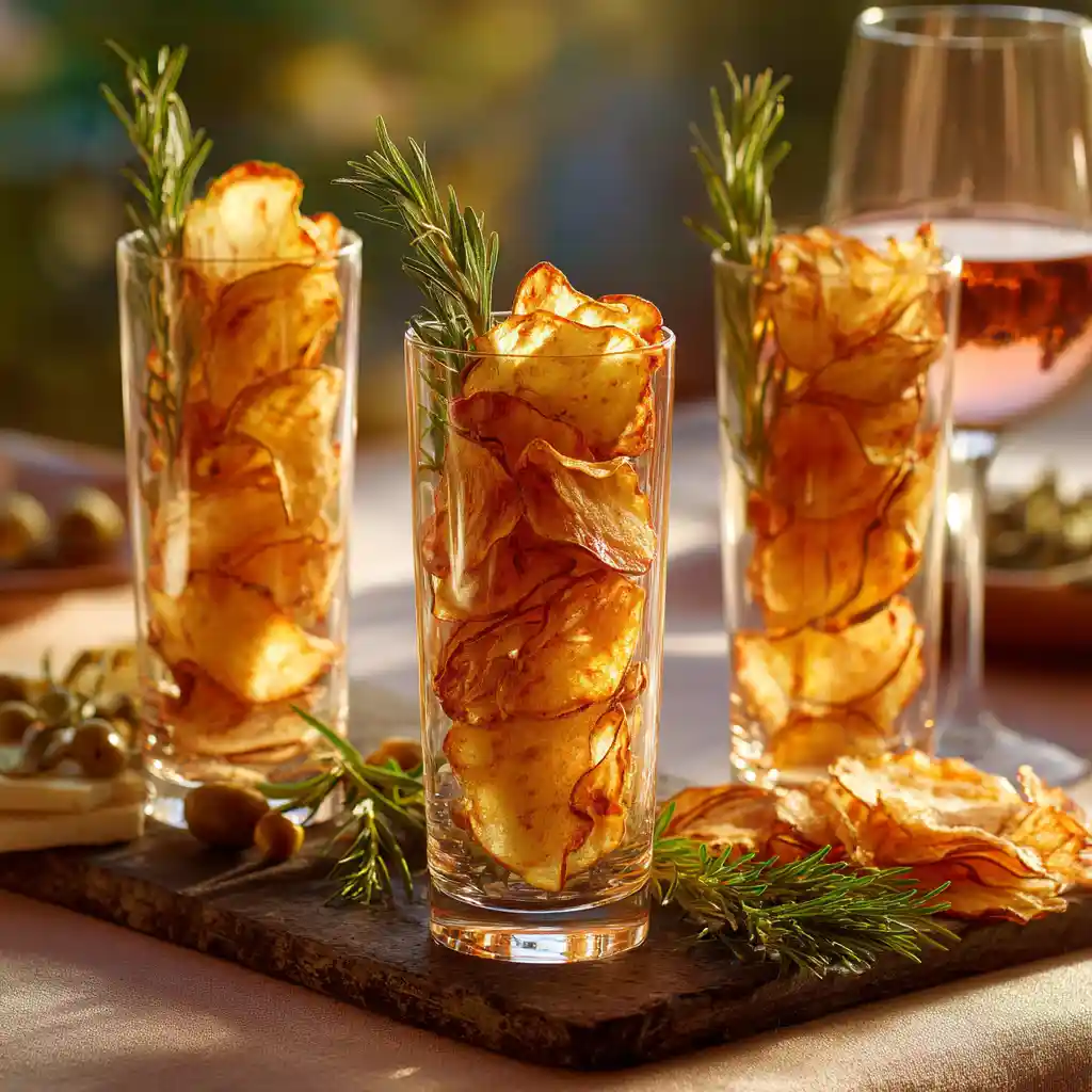 Chips de pomme servies en verrines apéritives sur plateau avec fromages