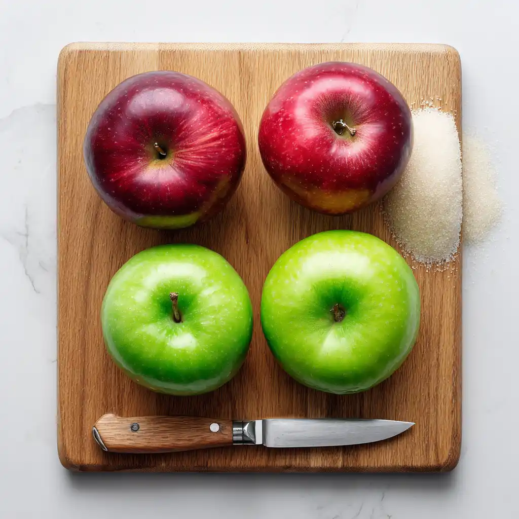 Ingrédients pour chips de pomme maison : pommes fraîches et sucre sur planche bois