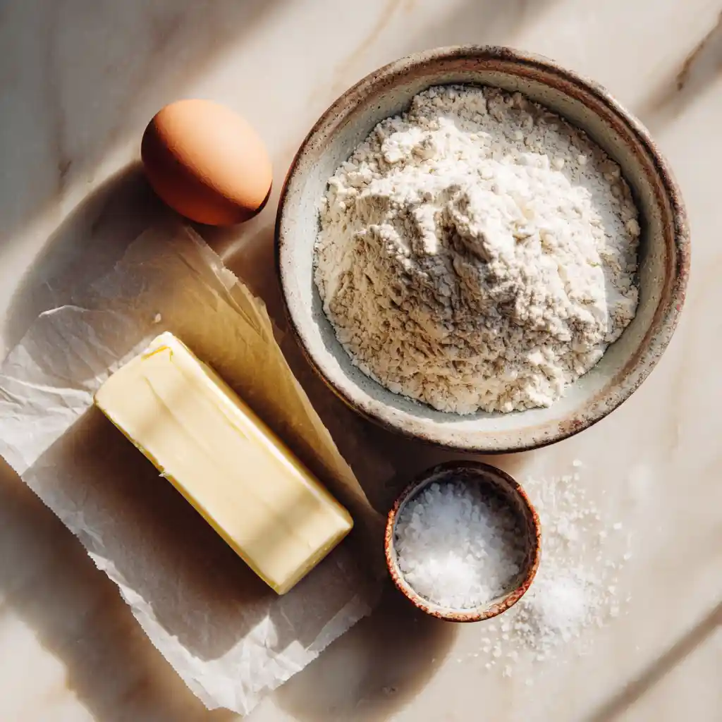 Ingrédients pour chips de sarrasin : farine de sarrasin, œuf, beurre demi-sel sur plan de travail