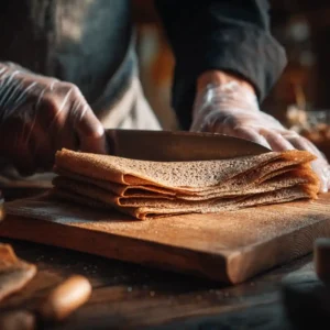 Découpe d'une galette de sarrasin refroidie en rectangles pour préparer les chips de sarrasin