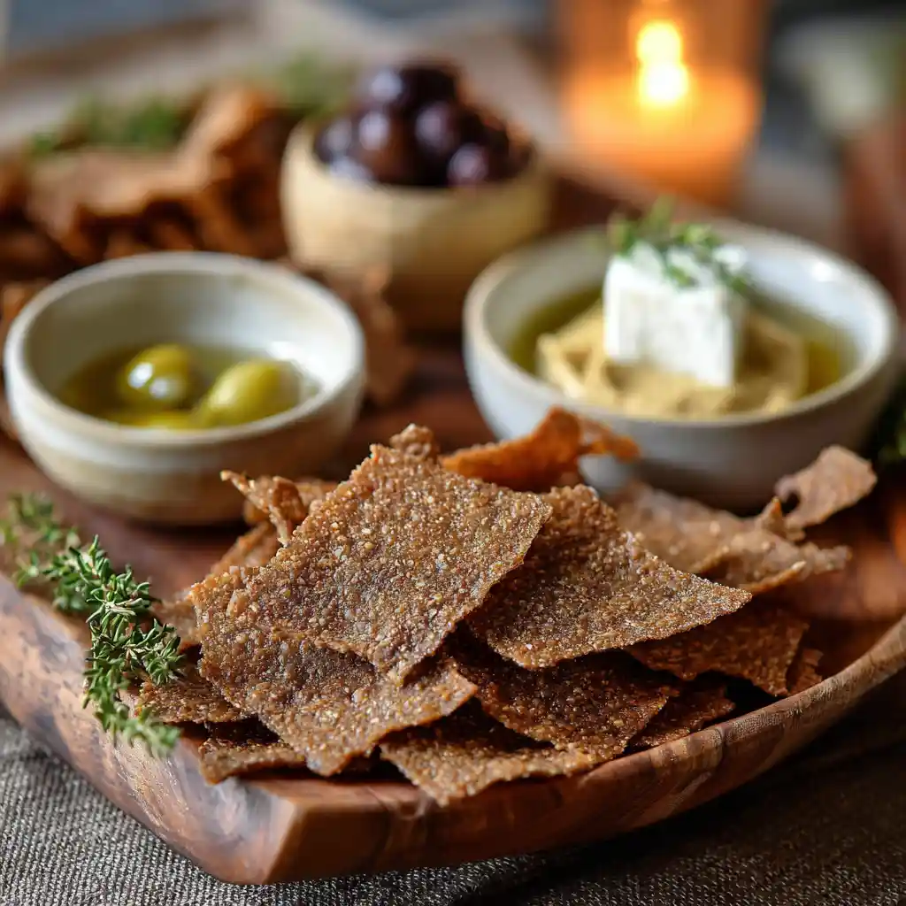 Chips de sarrasin servies sur un plateau d'apéritif avec fromages et verrines