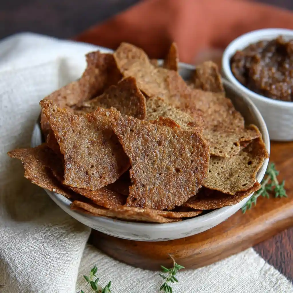 Chips de sarrasin croustillantes dorées sur une planche en bois rustique, servies à l'apéritif