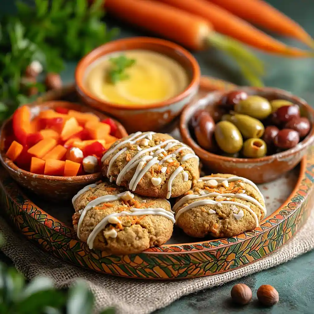 Plateau apéritif avec cookies vegan, olives et houmous sur table méditerranéenne