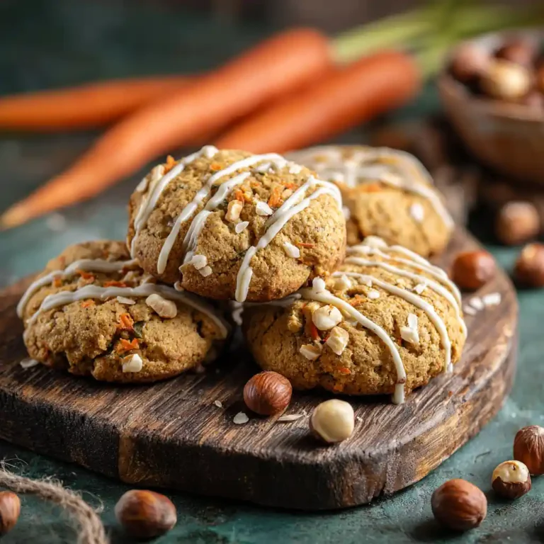 Cookies vegan à la carotte et aux noisettes sur une planche en bois, filets de chocolat blanc, fond méditerranéen
