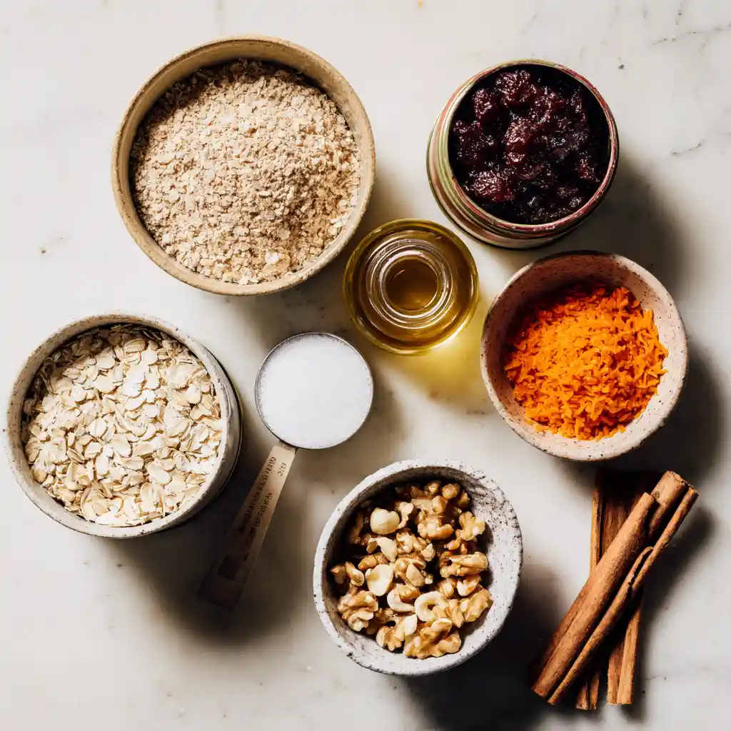 Ingrédients pour cookies vegan : farine épeautre, flocons avoine, carottes râpées, noisettes, huile de coco