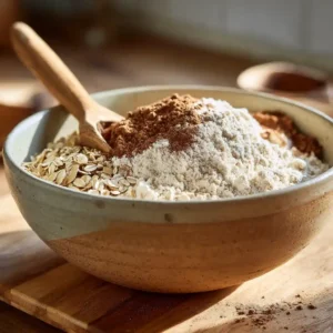 Préparation des ingrédients secs pour cookies vegan dans un grand saladier avec cuillère en bois