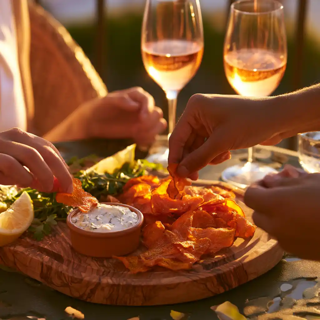 Plateau apéritif avec chips de carotte sauce yaourt et verres de rosé