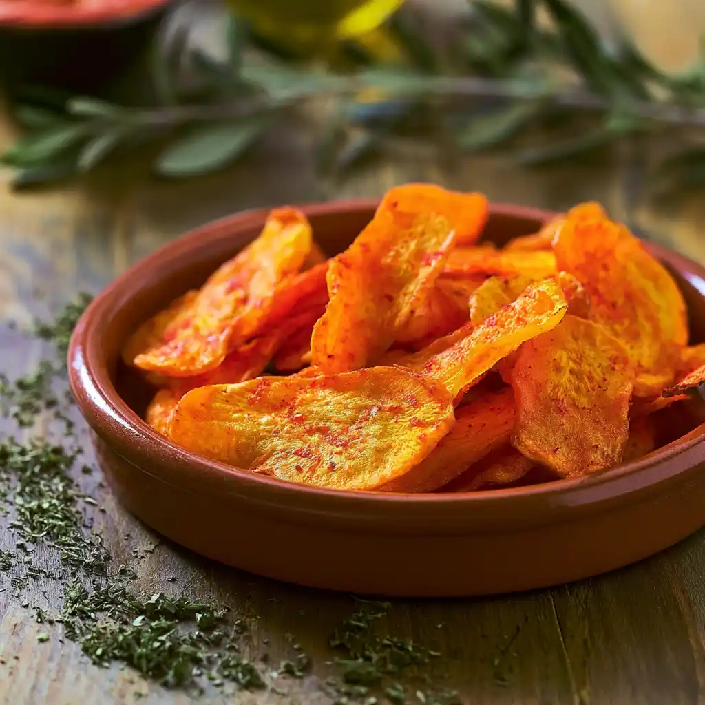 Chips de carotte croustillantes dorées au paprika servies dans un bol en céramique