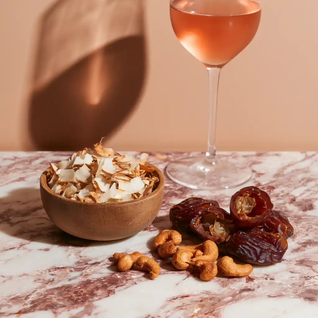 Bol de chips de coco servies avec dattes Medjool et noix de cajou à l'apéritif