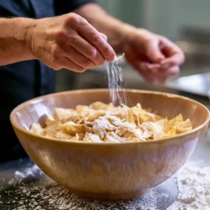Copeaux de chips de coco saupoudrés de sucre glace dans un saladier