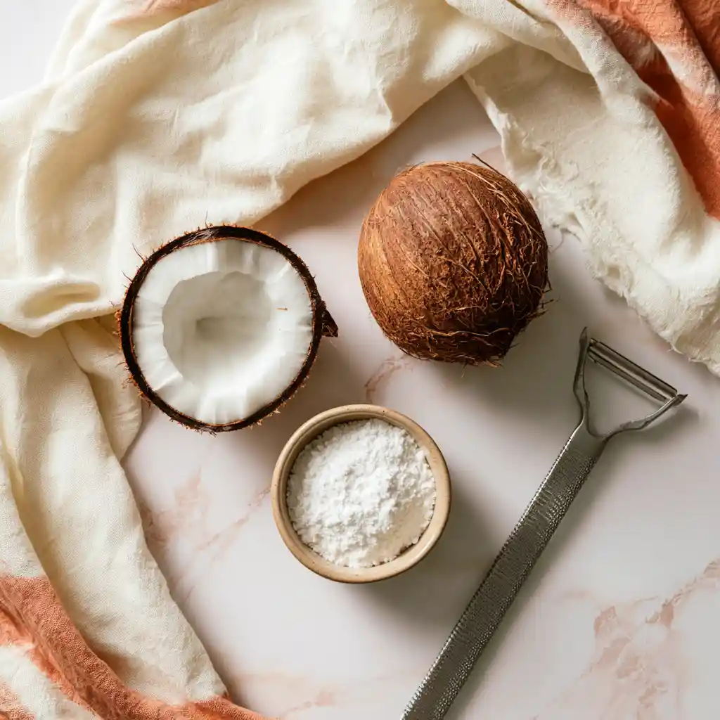 Ingrédients pour chips de coco maison : noix de coco fraîche et sucre glace