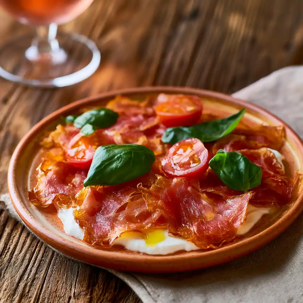 Plateau apéro avec chips de jambon cru, burrata crémeuse et tomates cerises sur table dressée