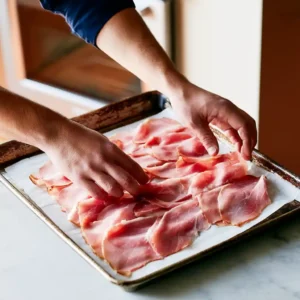 Tranches de jambon cru recouvertes de papier sulfurisé et d'une seconde plaque pour la cuisson au four