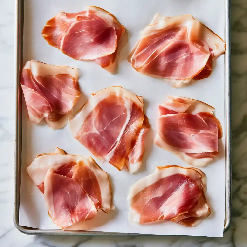 Tranches fines de jambon de Parme cru disposées sur papier sulfurisé avant cuisson au four