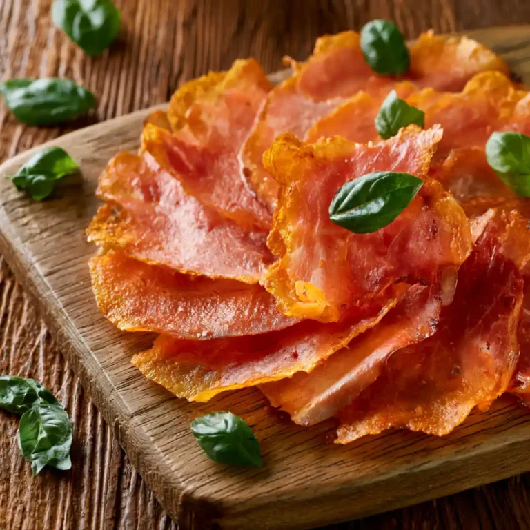 Chips de jambon cru dorées et croustillantes posées en éventail sur une planche en bois rustique