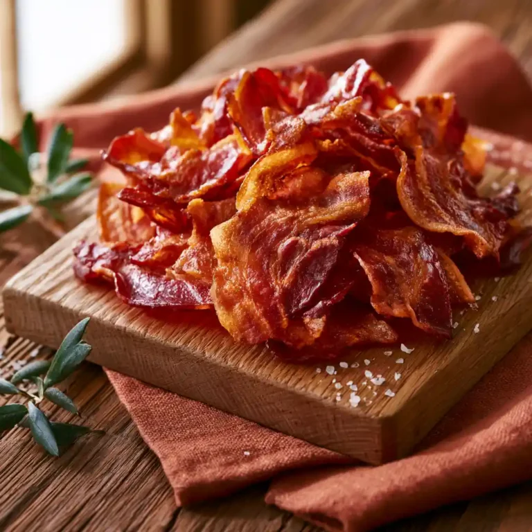 Chips de lard croustillantes maison disposées sur planche en bois pour apéritif méditerranéen