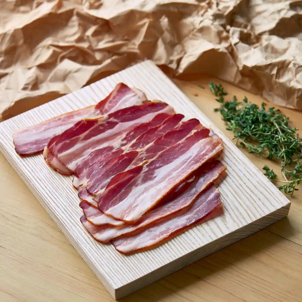 Tranches fines de lard fumé cru disposées sur planche en bois prêtes pour la recette de chips de lard
