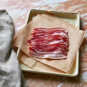 Tranches de lard disposées entre deux feuilles de papier sulfurisé sur plaque avant cuisson au four