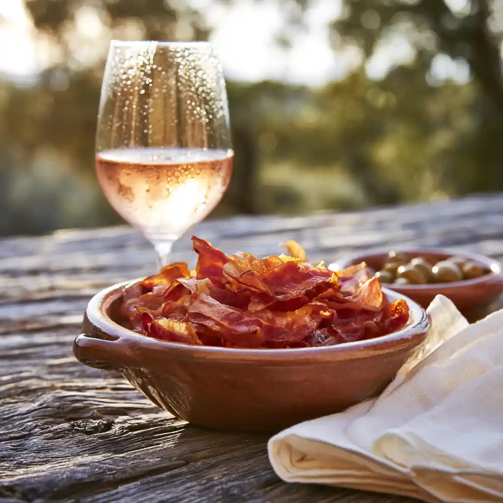 Chips de lard servies dans un bol creux en céramique avec verre de rosé de Provence pour apéritif