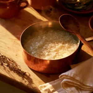 Étape 1 de la recette des chips de riz : cuisson du riz Arborio dans une casserole