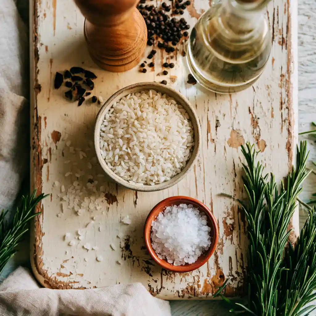 Ingrédients pour chips de riz maison : riz Arborio, sel de Camargue, poivre noir et huile