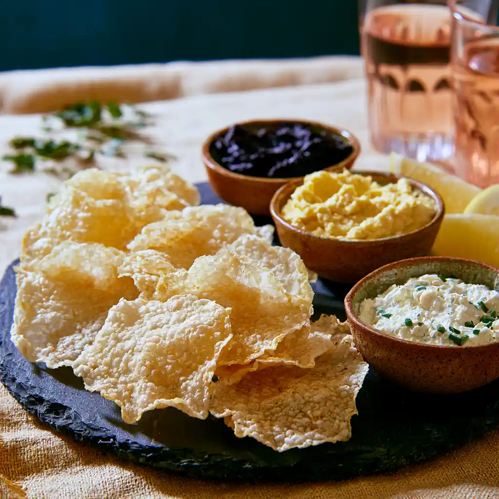 Chips de riz dorées présentées en plateau apéro avec tapenade et houmous au citron