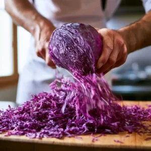 Émincer finement le chou rouge à la mandoline pour la salade de chou rouge
