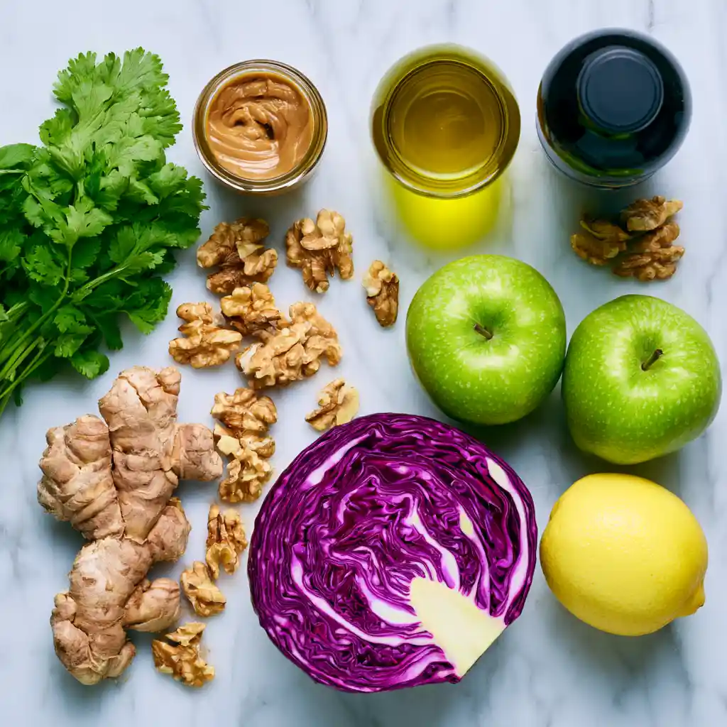 Ingrédients frais pour la salade de chou rouge : chou, pommes, gingembre, noix