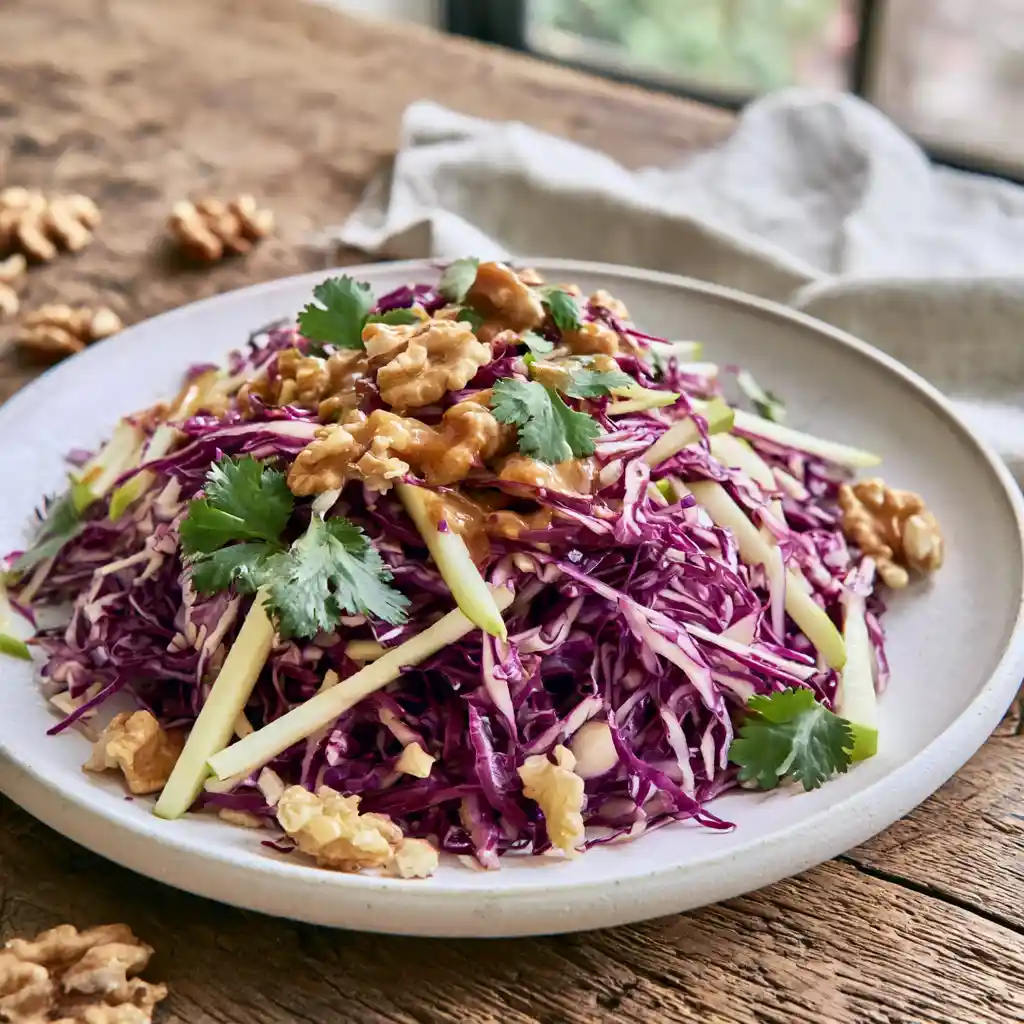 Salade de chou rouge aux pommes, noix et coriandre dans une assiette blanche