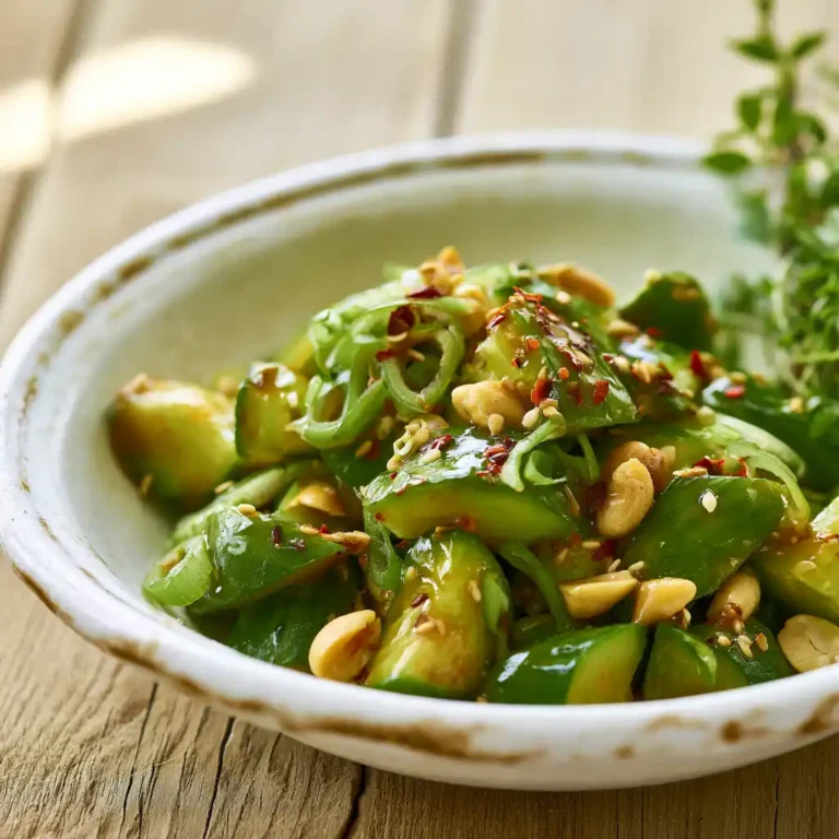 Salade de concombre asiatique aux cacahuètes et sauce miel-chili dans un bol blanc
