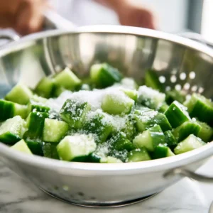 Découpe des concombres en quartiers et dégorgement au gros sel pour la salade de concombre