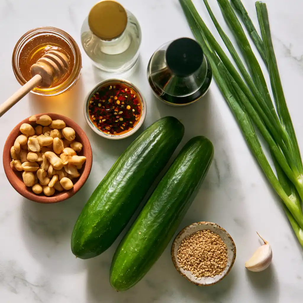 Ingrédients frais pour préparer une salade de concombre aux cacahuètes et sauce miel-chili