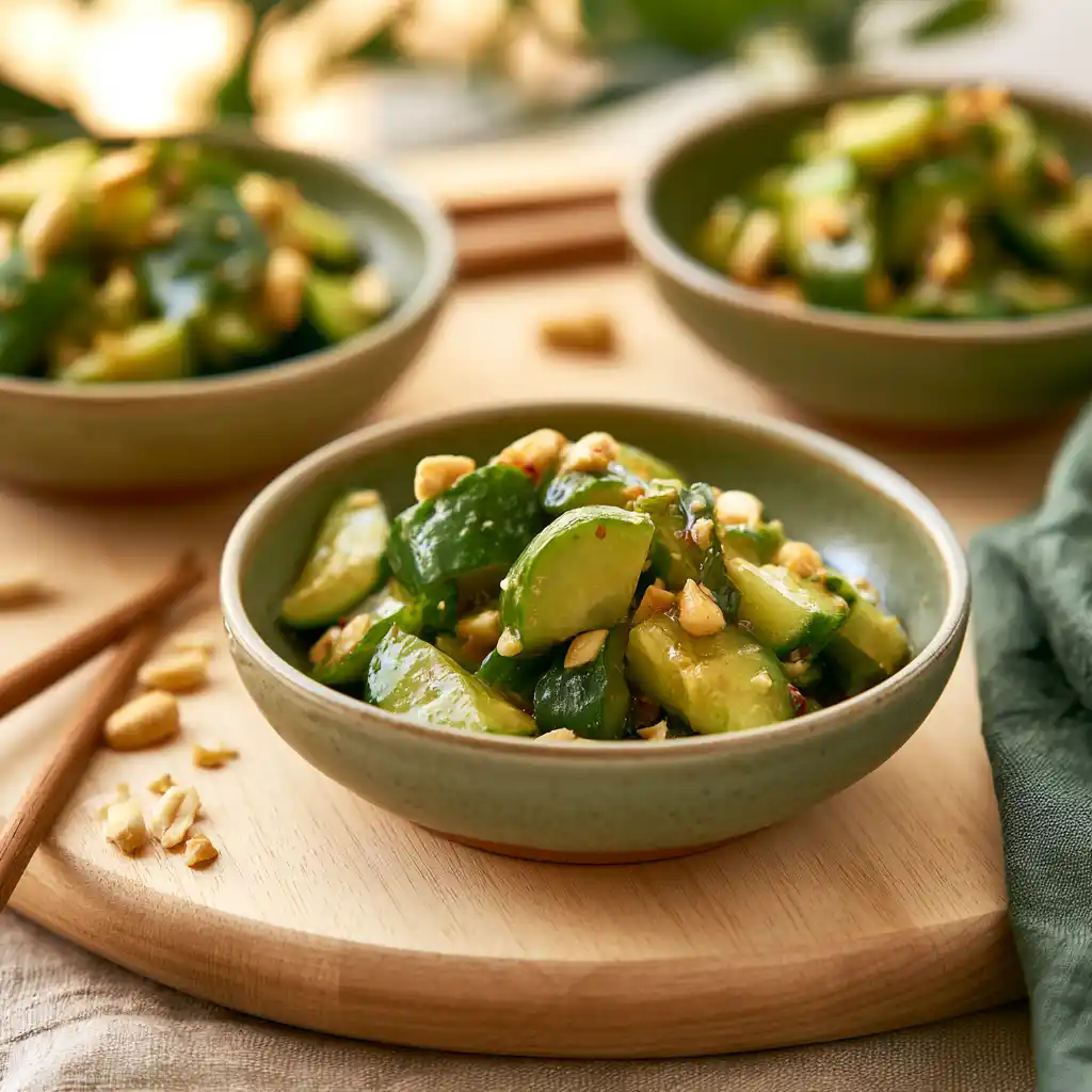 Salade de concombre dressée en petits bols individuels pour un apéritif d'été convivial