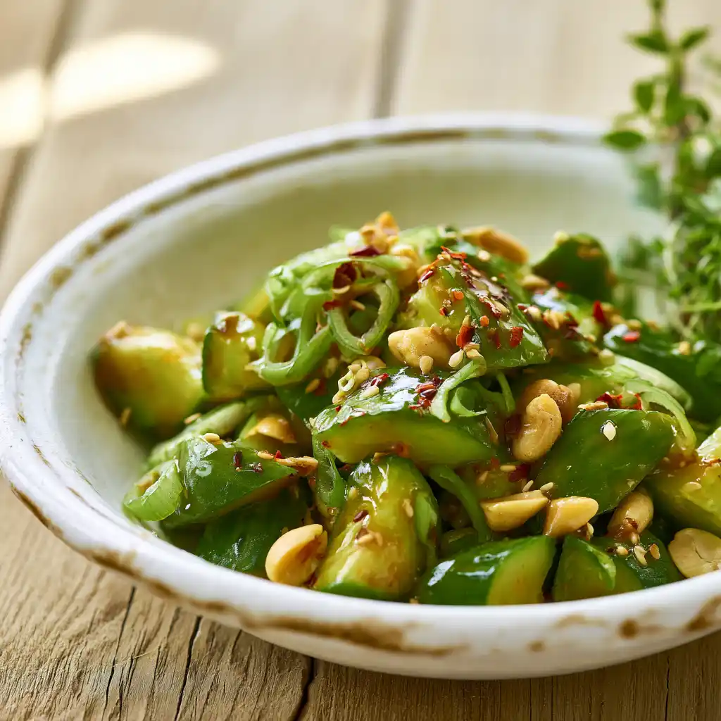 Salade de concombre asiatique aux cacahuètes et sauce miel-chili dans un bol blanc