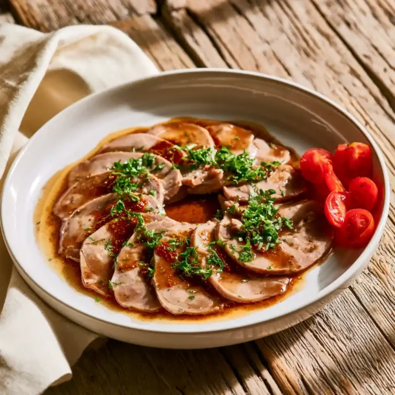 Salade de museau à la vinaigrette servie en couronne dans un plat creux blanc, garnie de persil frais et de tomates cerises